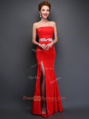 Gorgeous Mermaid Sleeveless Floor Length Beading Lace Up Evening Dress with Red