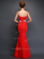 Gorgeous Mermaid Sleeveless Floor Length Beading Lace Up Evening Dress with Red