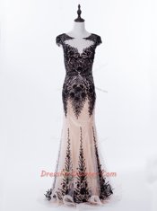 Affordable Mermaid Scoop Black Tulle Backless Evening Dress Cap Sleeves Brush Train Appliques