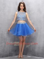 High End Scoop Beading Prom Gown Blue Zipper Sleeveless Mini Length