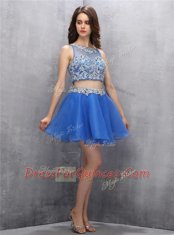 High End Scoop Beading Prom Gown Blue Zipper Sleeveless Mini Length