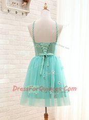Modest Straps Mini Length A-line Sleeveless Aqua Blue Prom Party Dress Lace Up