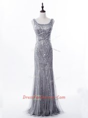 Affordable Mermaid Sequins Square Sleeveless Brush Train Zipper Evening Dress Grey Satin and Tulle