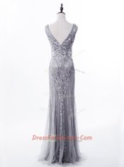Affordable Mermaid Sequins Square Sleeveless Brush Train Zipper Evening Dress Grey Satin and Tulle