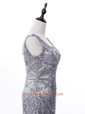 Affordable Mermaid Sequins Square Sleeveless Brush Train Zipper Evening Dress Grey Satin and Tulle