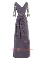 Captivating Long Sleeves Floor Length Beading and Appliques and Ruching Zipper Prom Gown with Grey