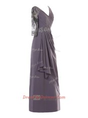 Captivating Long Sleeves Floor Length Beading and Appliques and Ruching Zipper Prom Gown with Grey