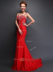 Mermaid Red Satin Zipper Spaghetti Straps Sleeveless With Train Evening Dress Brush Train Beading