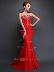 Mermaid Red Satin Zipper Spaghetti Straps Sleeveless With Train Evening Dress Brush Train Beading