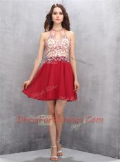 Fancy Scoop Sleeveless Mini Length Beading Zipper Dress for Prom with Red