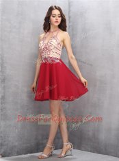 Fancy Scoop Sleeveless Mini Length Beading Zipper Dress for Prom with Red