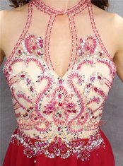 Fancy Scoop Sleeveless Mini Length Beading Zipper Dress for Prom with Red