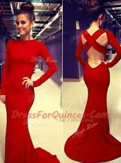 Mermaid Scoop Long Sleeves Brush Train Criss Cross Ruching Evening Dress