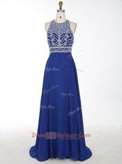 Hot Sale Scoop Royal Blue Sleeveless Chiffon Brush Train Criss Cross Homecoming Dress for Prom and Party