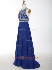 Hot Sale Scoop Royal Blue Sleeveless Chiffon Brush Train Criss Cross Homecoming Dress for Prom and Party