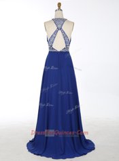 Hot Sale Scoop Royal Blue Sleeveless Chiffon Brush Train Criss Cross Homecoming Dress for Prom and Party