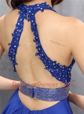 Royal Blue Backless Prom Dress Beading and Belt Sleeveless Mini Length