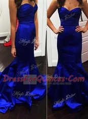 Low Price Royal Blue Mermaid Sweetheart Sleeveless Satin Brush Train Zipper Ruching Prom Party Dress