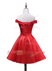 Off the Shoulder Knee Length Red Prom Dresses Satin Sleeveless Bowknot