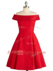 High Class Red A-line Satin Off The Shoulder Sleeveless Ruching Knee Length Zipper Prom Evening Gown