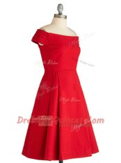 High Class Red A-line Satin Off The Shoulder Sleeveless Ruching Knee Length Zipper Prom Evening Gown