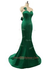 Mermaid Scoop Sleeveless Beading and Bowknot and Hand Made Flower Zipper Homecoming Dress with Green Sweep Train