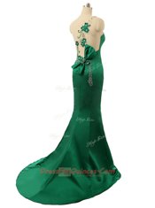 Mermaid Scoop Sleeveless Beading and Bowknot and Hand Made Flower Zipper Homecoming Dress with Green Sweep Train