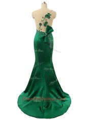 Mermaid Scoop Sleeveless Beading and Bowknot and Hand Made Flower Zipper Homecoming Dress with Green Sweep Train