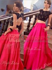 Attractive Satin Scoop Cap Sleeves Backless Lace Prom Gown in Red