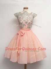 Suitable Peach A-line Chiffon Scalloped Cap Sleeves Appliques Knee Length Zipper Prom Party Dress