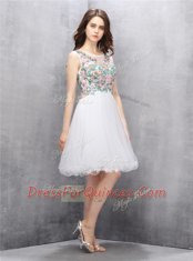 White A-line Tulle Scoop Sleeveless Beading and Embroidery Knee Length Zipper Prom Dresses
