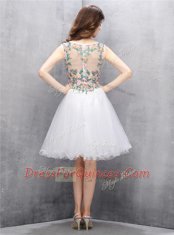 White A-line Tulle Scoop Sleeveless Beading and Embroidery Knee Length Zipper Prom Dresses
