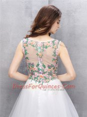 White A-line Tulle Scoop Sleeveless Beading and Embroidery Knee Length Zipper Prom Dresses