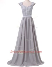 Scoop Cap Sleeves Chiffon Evening Dress Lace and Pleated Lace Up
