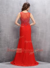 Glittering Scoop Sequins With Train Mermaid Sleeveless Red Dress for Prom Brush Train Zipper
