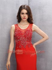 Glittering Scoop Sequins With Train Mermaid Sleeveless Red Dress for Prom Brush Train Zipper