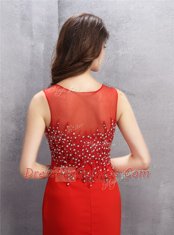 Glittering Scoop Sequins With Train Mermaid Sleeveless Red Dress for Prom Brush Train Zipper