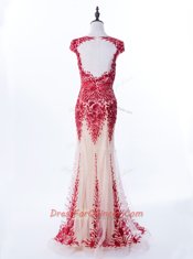 Mermaid Backless Scoop Cap Sleeves Evening Dress Brush Train Appliques Red Tulle