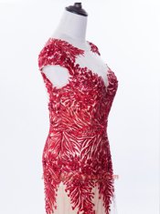 Mermaid Backless Scoop Cap Sleeves Evening Dress Brush Train Appliques Red Tulle
