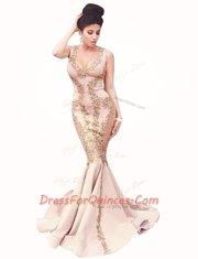Beautiful Mermaid Scoop With Train Peach Prom Gown Satin Brush Train Sleeveless Beading