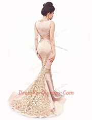 Beautiful Mermaid Scoop With Train Peach Prom Gown Satin Brush Train Sleeveless Beading