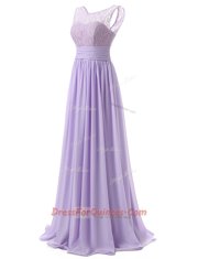 Scoop Lavender Chiffon Zipper Prom Dress Sleeveless With Train Sweep Train Lace
