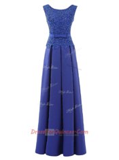 Spectacular Scoop Sleeveless Floor Length Lace and Belt Zipper with Blue