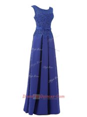 Spectacular Scoop Sleeveless Floor Length Lace and Belt Zipper with Blue