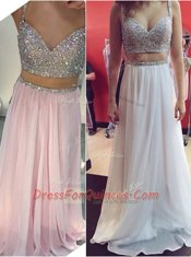 Customized Sleeveless Floor Length Sequins Zipper Dress for Prom with White