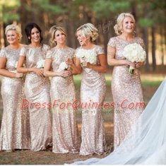 Eye-catching Mermaid Scoop Sequins Champagne Cap Sleeves Sequined Zipper Prom Party Dress for Prom and Party and Wedding Party