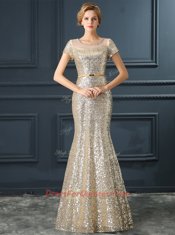 Cute Mermaid Scoop Cap Sleeves Evening Dress Floor Length Sequins and Belt Champagne Sequined