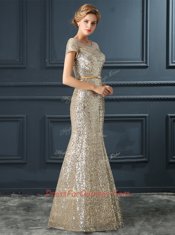 Cute Mermaid Scoop Cap Sleeves Evening Dress Floor Length Sequins and Belt Champagne Sequined