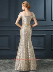 Cute Mermaid Scoop Cap Sleeves Evening Dress Floor Length Sequins and Belt Champagne Sequined