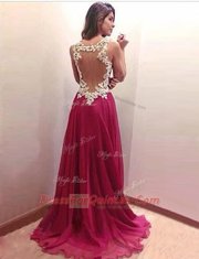 Amazing Scoop Sleeveless Brush Train Appliques Burgundy Chiffon